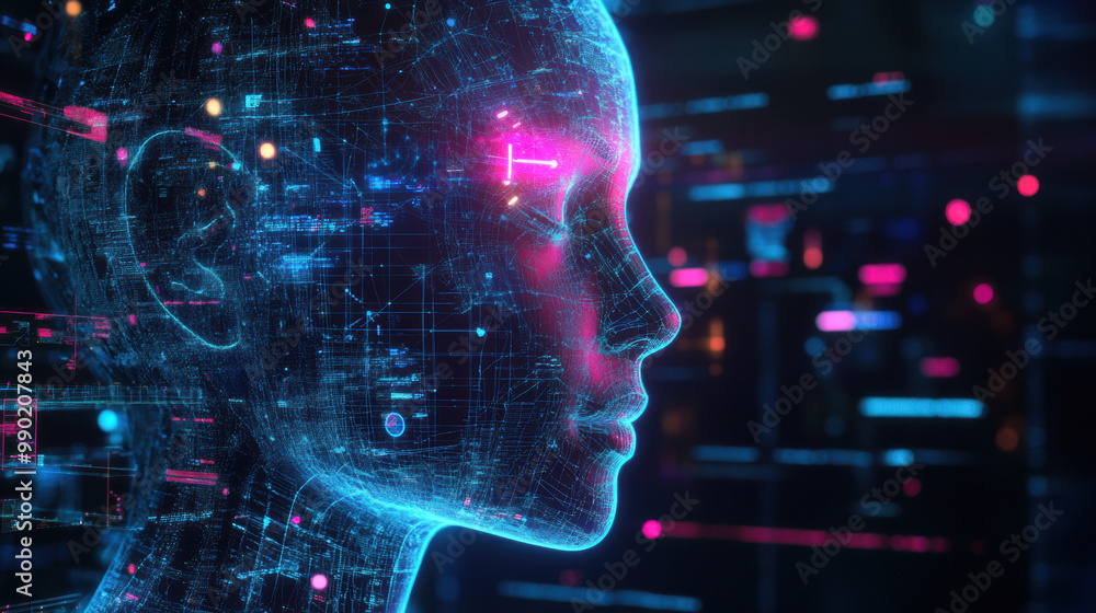 Poster futuristic digital representation of human head, showcasing intricate data patterns and glowing elem