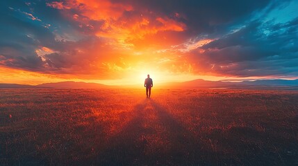Fototapeta premium good and bad determination A solitary figure walks toward a vibrant sunset, surrounded by a vast landscape, evoking feelings of peace and reflection.