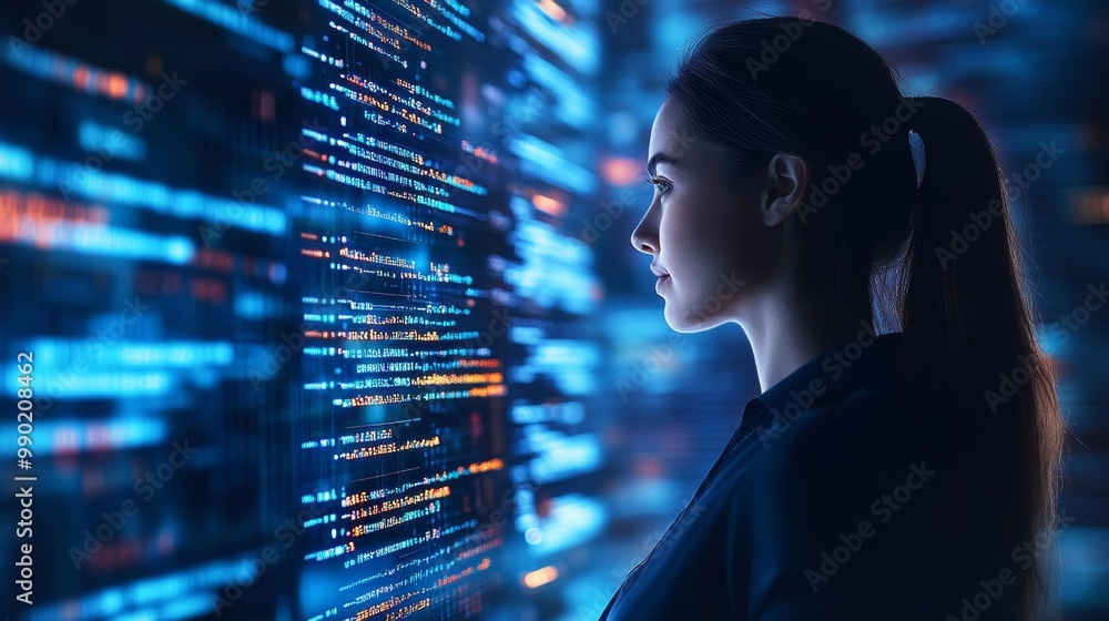 Aufkleber Focused Woman Programmer with AI Code. Hologram and Digital Software for Cybersecurity and Website Development at Night