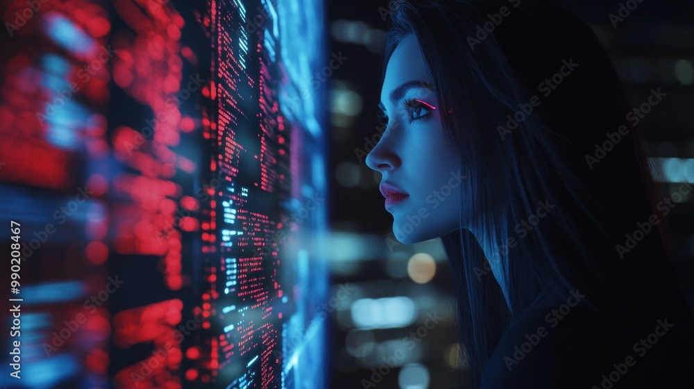 Aufkleber Focused Woman Programmer with AI Code. Hologram and Digital Software for Cybersecurity and Website Development at Night