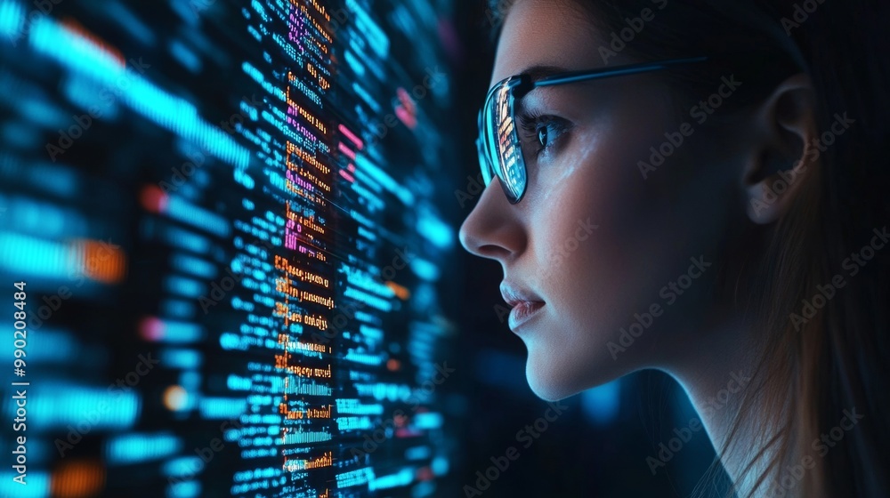 Aufkleber Focused Woman Programmer with AI Code. Hologram and Digital Software for Cybersecurity and Website Development at Night