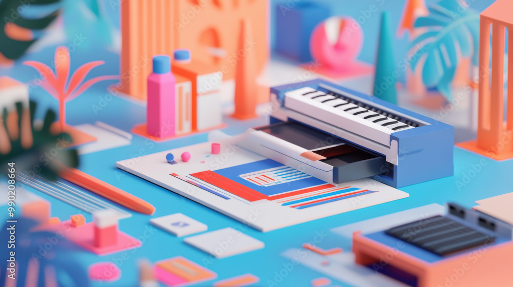 Poster vibrant and colorful workspace featuring keyboard, design tools, and playful geometric shapes, creat