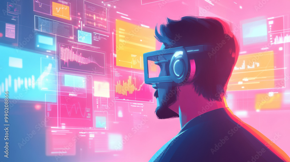 Poster immersive technology is showcased as man engages with ai generated data visualizations, highlighting