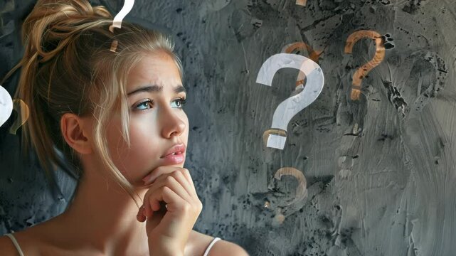 A young woman looking at question marks on the gray wall