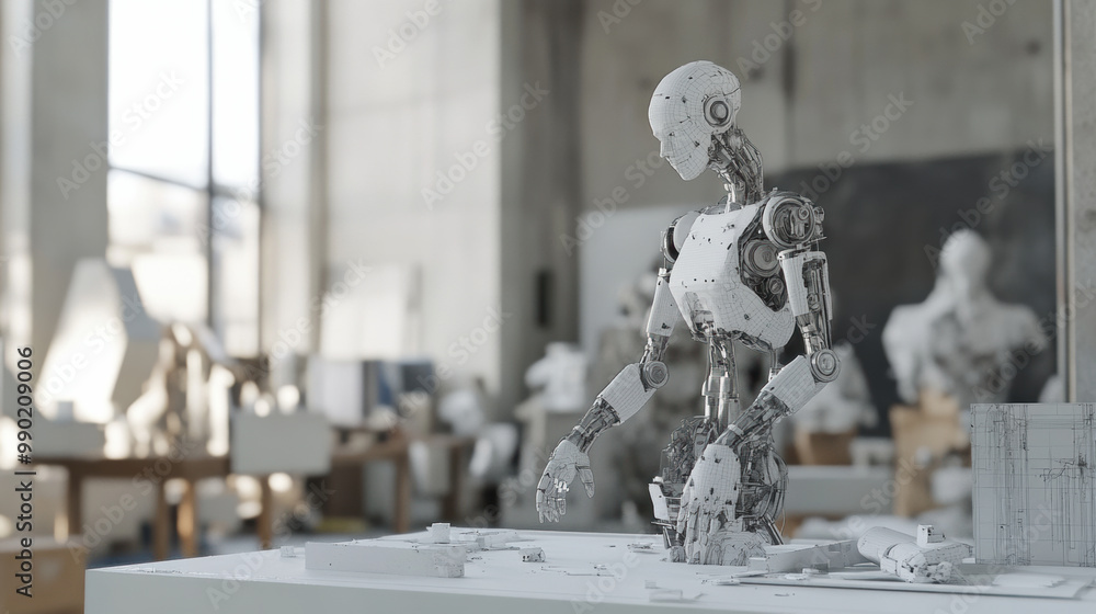 Poster humanoid robot is depicted in modern workspace, surrounded by various design models and sketches. sc