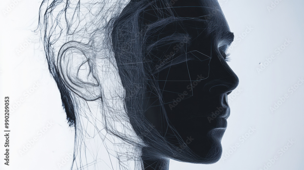 Poster image features stylized representation of human face created with intricate line work, showcasing bl
