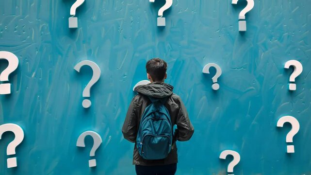 A boy looking at question marks on the blue wall