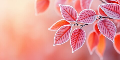 Obraz premium A close-up of vibrant red leaves covered with a delicate layer of frost, capturing the transition between autumn and winter.