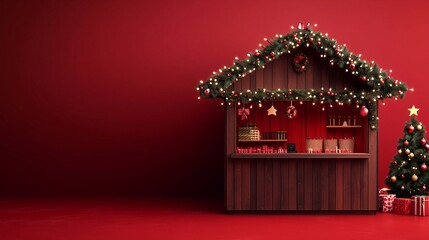 christmas market hut on red background with copy space.Merry Christmas and Happy New Year. Winter holidays template with copy space for greeting card, invitation, banner