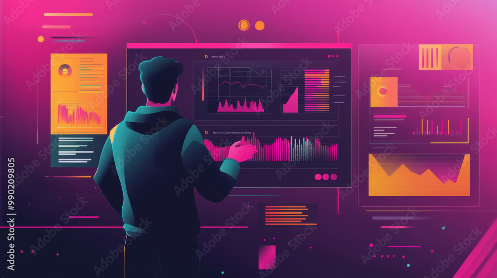 Poster graphic designer analyzing data visualizations on digital screen, showcasing vibrant colors and mode