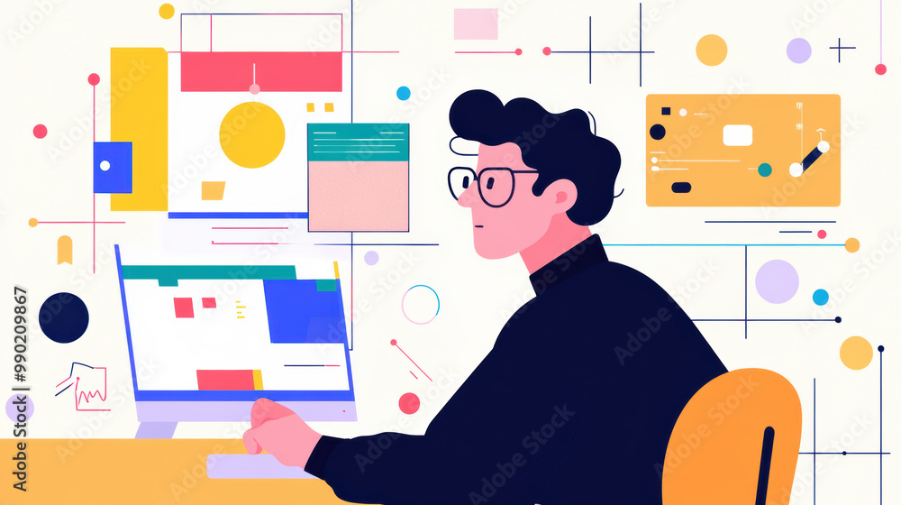 Poster creative graphic designer working on computer, utilizing ai for branding ideas. vibrant workspace is