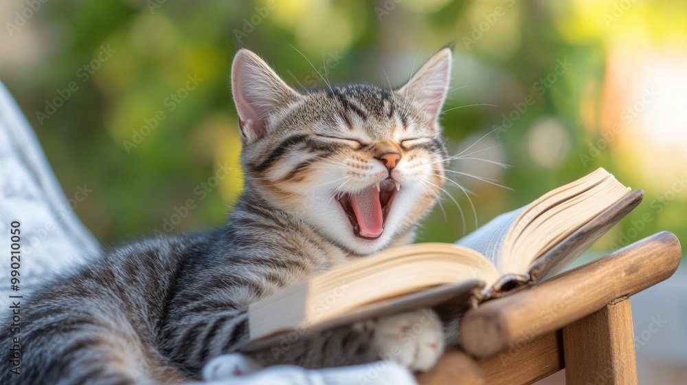 Wall mural A cat yawning while sitting on a chair with an open book, AI