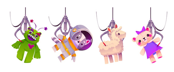 Grabber slot machine robotic claw with plush toys. Vending arcade game crane with mechanical arm holding prize. Cartoon vector illustration set of amusement park catch and pick automat element.