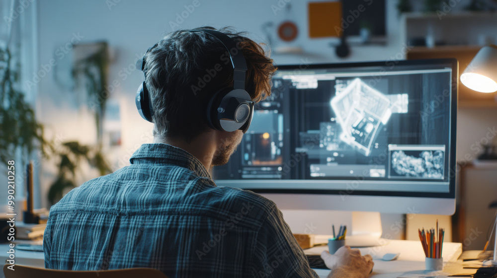 Poster focused individual is working on computer, wearing headphones, while analyzing design simulations on