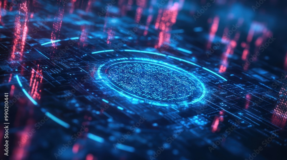 Poster modern technology concepts: cybersecurity, blue and circle of technology with biometrics to scan for