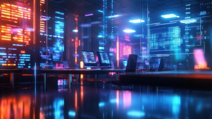Modern neon cyberpunk open space office interior blurred with information technology overlay. Corporate strategy for finance, operations, marketing. Tables with computers for work. Technology