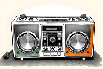 Fototapeta premium unbranded fictional retro vintage etching, drawing of a ghetto blaster, radio, cassette player, speakers, music, boombox, old school, 1980s, 1990s, hip hop, analog, audio, sound, stereo, tape deck 