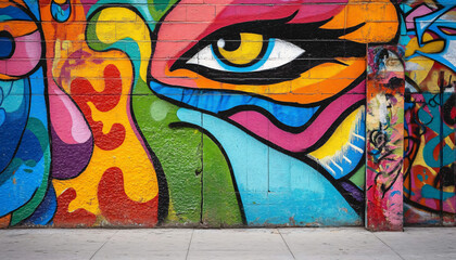 Obraz premium A graffiti-covered urban wall, showcasing vibrant colors, bold lines, and an edgy, artistic vibe