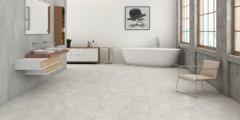 Comfortable bathroom with white marble walls, concrete floor with carpet, big window, comfortable white bathtub and double sink and mirrors, wooden furniture. 3D Illustrations. Mockup. 3D Rendering