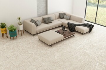 Stylish home living room interior with beige comfy sofa and fireplace, shelf partition with books...