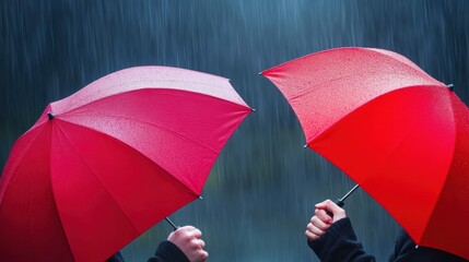 Two people holding red umbrellas in the rain, AI