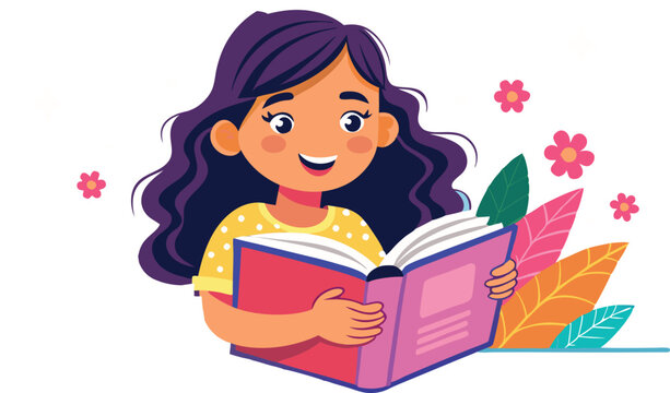 Cute brunette girl reading a book and smiling