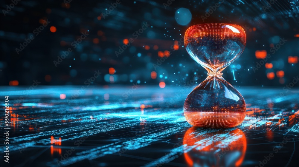 Poster time concept with hourglass and digital data stream, symbolizing time management in digital age.