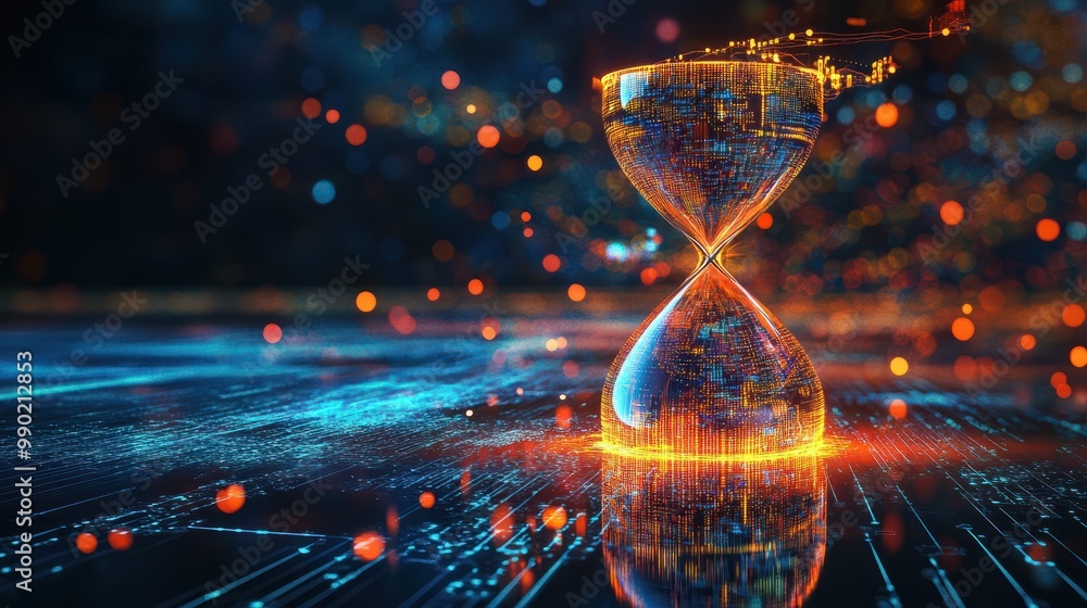 Aufkleber time concept with hourglass and digital data stream, symbolizing time management in digital age.