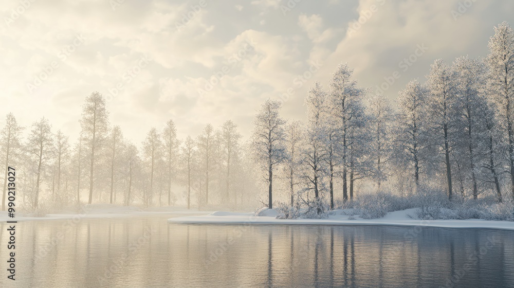 Poster trees in winter at lake with frost created with generative ai