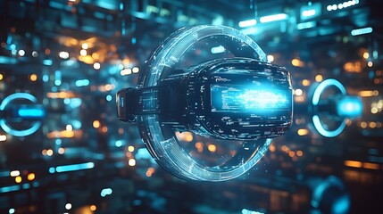 Fototapeta premium A ring of cutting-edge AR headsets hovering in mid-air, illuminated by blue holographic light, with futuristic tech gadgets and digital displays in the background