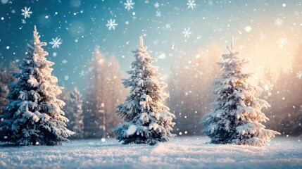 Winter background with Christmas trees in the snow and snowflakes 3