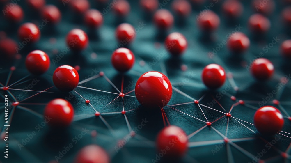Poster Red spheres are arranged on a dark surface, connected by fine lines, creating a visually striking abstract network that symbolizes connectivity and structure