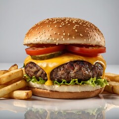 Delicious single Burger with French fries, cheese tomato fried Served, yummy burger with grilled meat topped with vegetables sliced cheese fresh