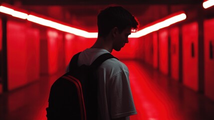 A young person with a backpack faces away from the camera in a narrow corridor, accentuated by vibrant red neon lights reflecting off the walls, creating a moody atmosphere