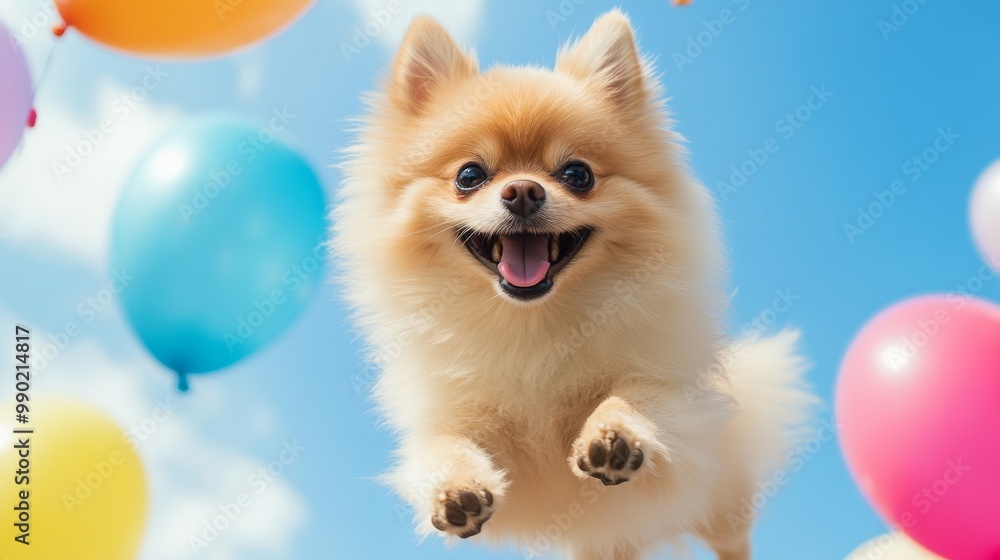 Wall mural a cute pomeranian jumping with joy and happiness, background is blue bright sky and colorful balloon