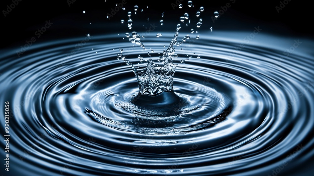 Poster droplets fall into still water, creating a mesmerizing pattern of ripples in a calm, dark environmen