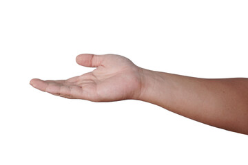 Male person hand receiving gesture, asking for help or donation, cut out isolated