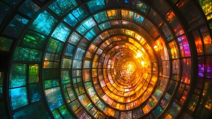 A stunning palace built entirely of crystal, its circular form reflecting and refracting light in all directions, creating a rainbow of colors on the walls