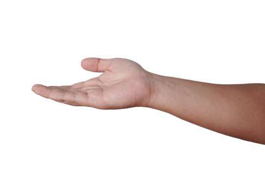 Male person hand receiving gesture, asking for help or donation, cut out isolated