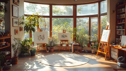 A sunlit circular studio, open and airy, with art easels, plants, and scattered materials, creating a peaceful, inspiring environment for creative projects