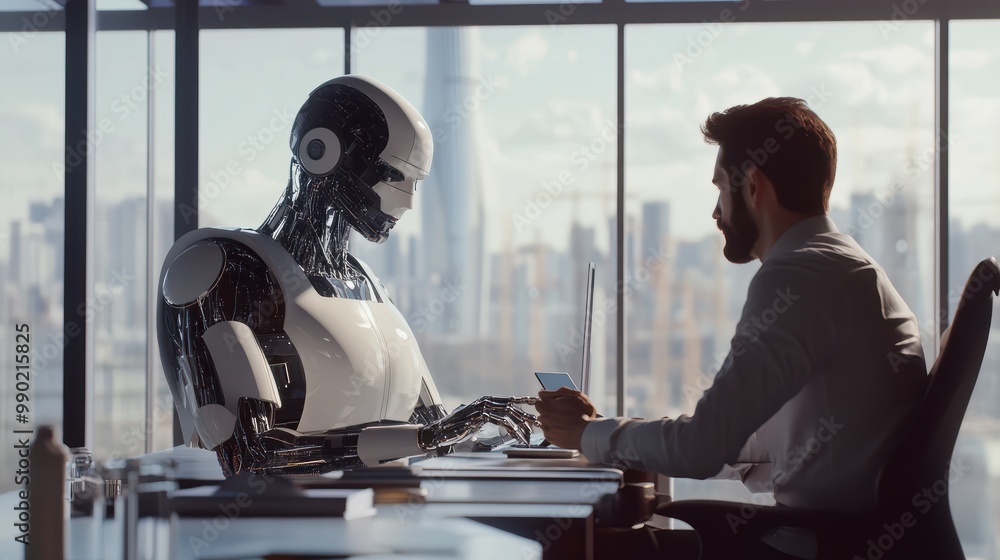 Poster a business man working alongside an artificial intelligence cyborg in an office setting, depicting t