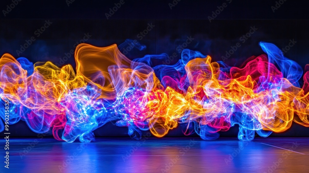 Poster a cascade of colorful light trails swirls dynamically against a dark backdrop