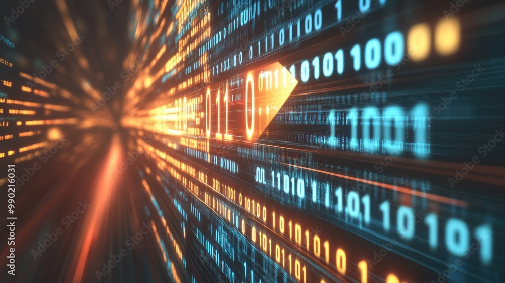 Aufkleber an upward-pointing arrow emerges from a matrix of falling binary code, symbolizing growth and advanc