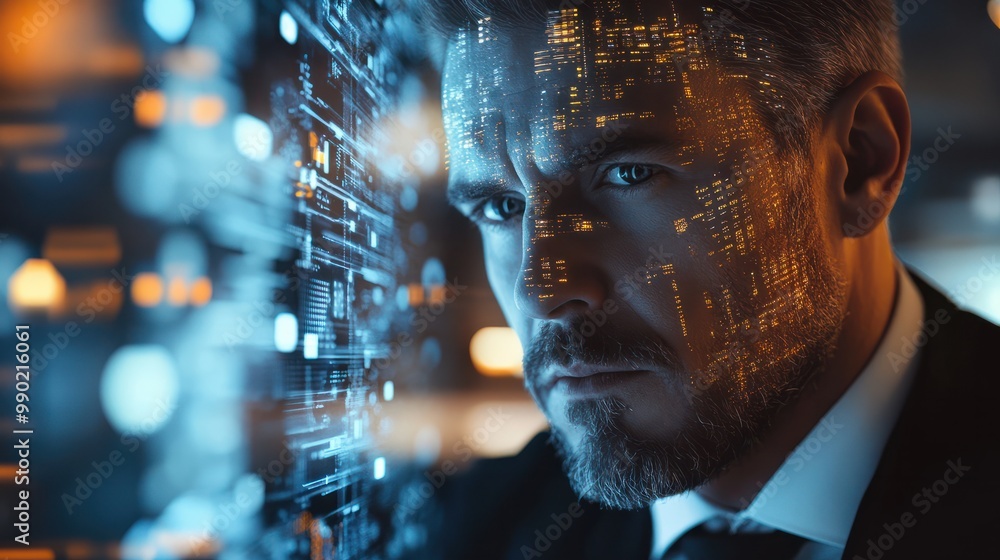 Poster a businessman collaborates with ai algorithms, fostering innovation in a high-tech environment to st