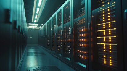 Server Room Interior: Rows of Servers in a Data Center