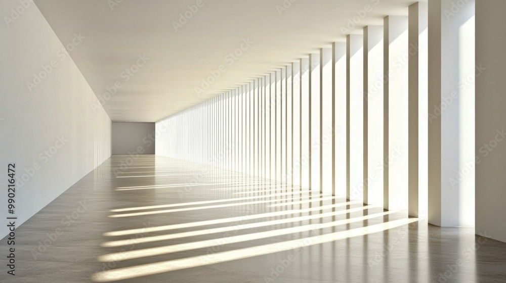Poster a spacious hallway features a series of tall, white pillars casting dynamic shadows on the polished 
