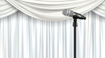 Obraz premium A microphone is positioned on a black stand in front of a soft, elegantly draped white curtain, indicating preparation for an event or performance
