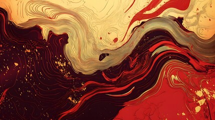 Red and gold 2D line art with flowing abstract shapes, sharp detailing, high quality and hyper real