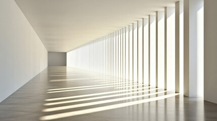 A spacious hallway features a series of tall, white pillars casting dynamic shadows on the polished floor, illuminated by abundant natural light streaming from large windows