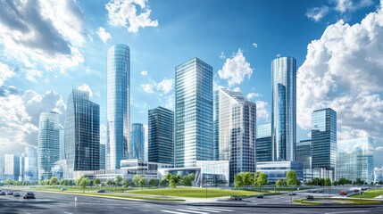 Obraz premium A cutting-edge business banner portrays modern enterprises with sleek office buildings and innovative technology, epitomizing progress and sophistication